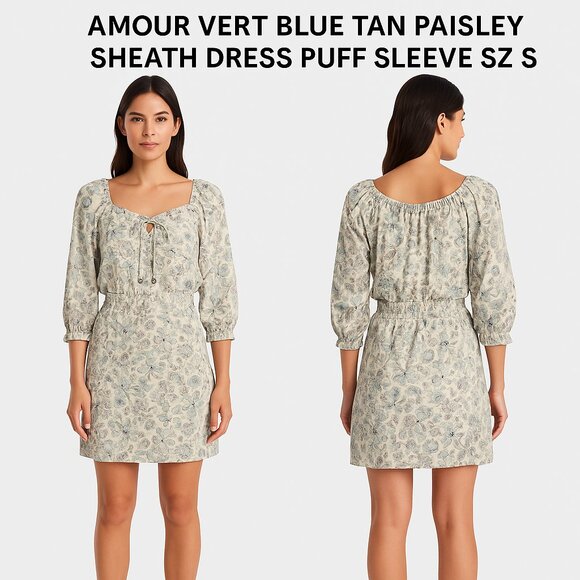 Amour Vert Blue Tan Paisley Sheath Dress Puff Sleeve Sz S - Picture 1 of 10